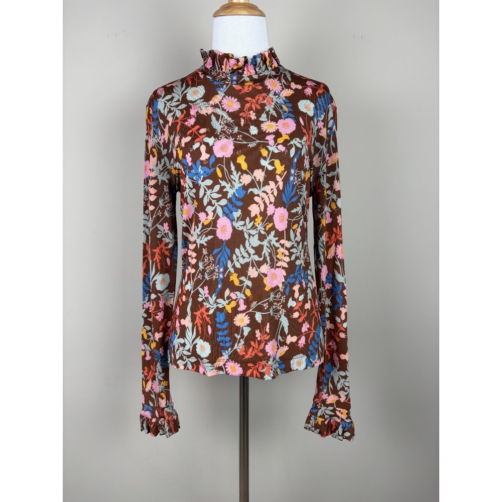 Stine Goya Top Womens Small Brown Pink Floral Ruffle Neck Manilla Revolve Retro